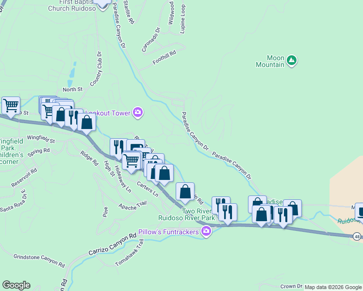 map of restaurants, bars, coffee shops, grocery stores, and more near 106 Bradley Drive in Ruidoso