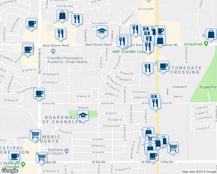 map of restaurants, bars, coffee shops, grocery stores, and more near 547 West Caroline Lane in Chandler