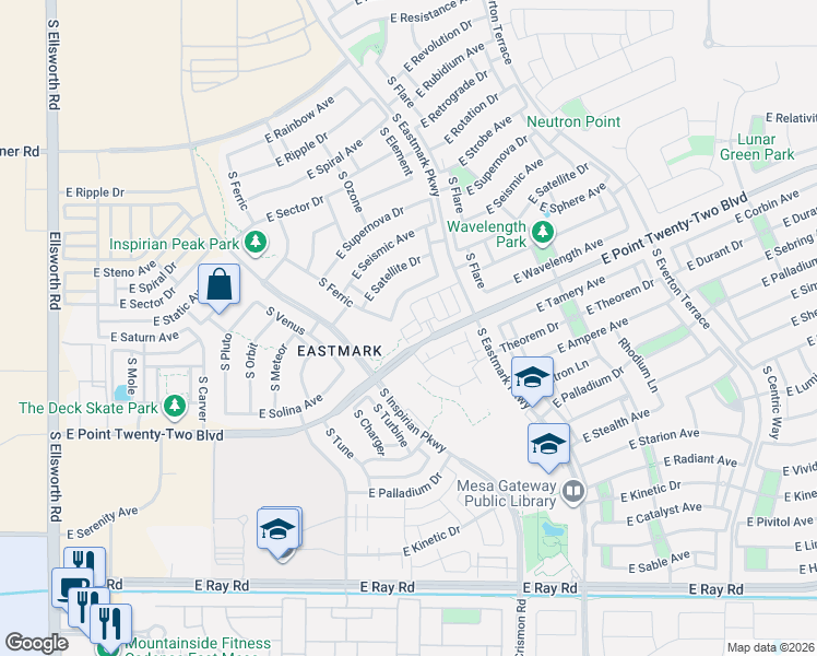 map of restaurants, bars, coffee shops, grocery stores, and more near South Eastmark Parkway in Mesa