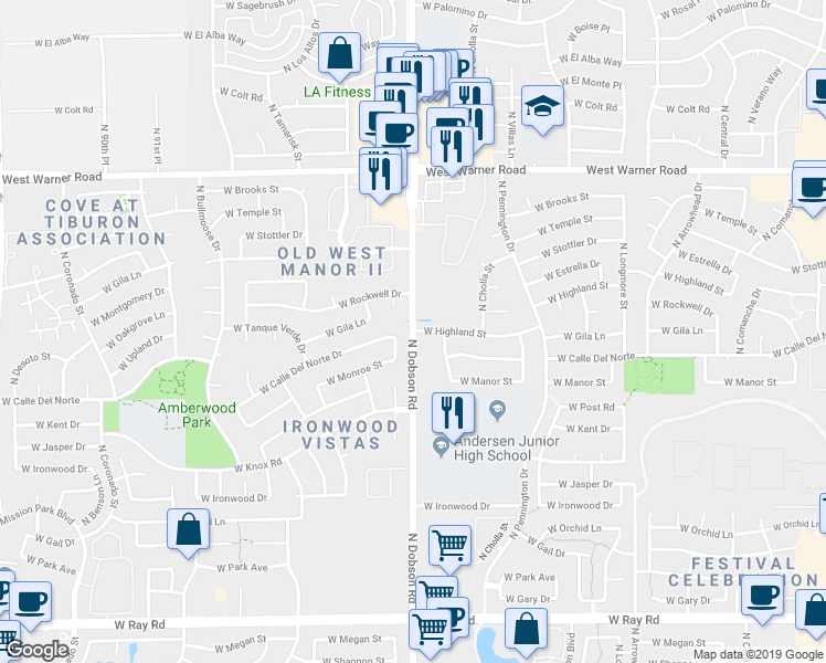 map of restaurants, bars, coffee shops, grocery stores, and more near 1944 West Highland Street in Chandler