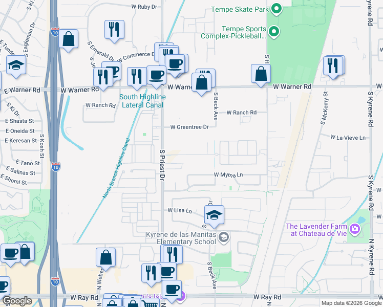 map of restaurants, bars, coffee shops, grocery stores, and more near 1280 West Caroline Lane in Tempe