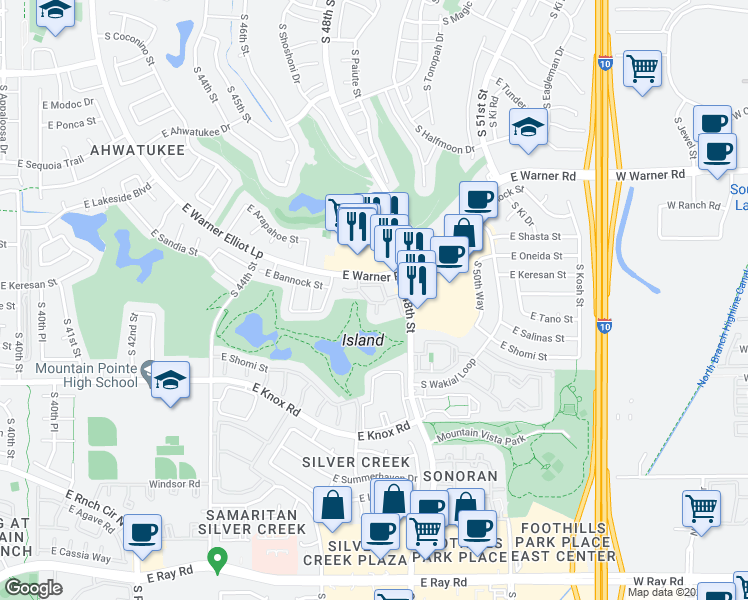map of restaurants, bars, coffee shops, grocery stores, and more near 4727 Warner Road in Phoenix