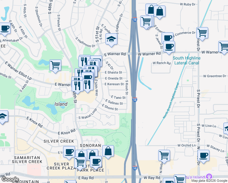 map of restaurants, bars, coffee shops, grocery stores, and more near 5045 East Nambe Street in Phoenix