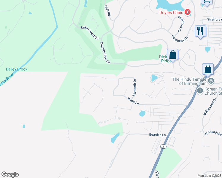 map of restaurants, bars, coffee shops, grocery stores, and more near 2702 Royal Lane in Pelham