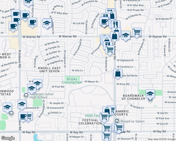 map of restaurants, bars, coffee shops, grocery stores, and more near 1626 North Comanche Drive in Chandler