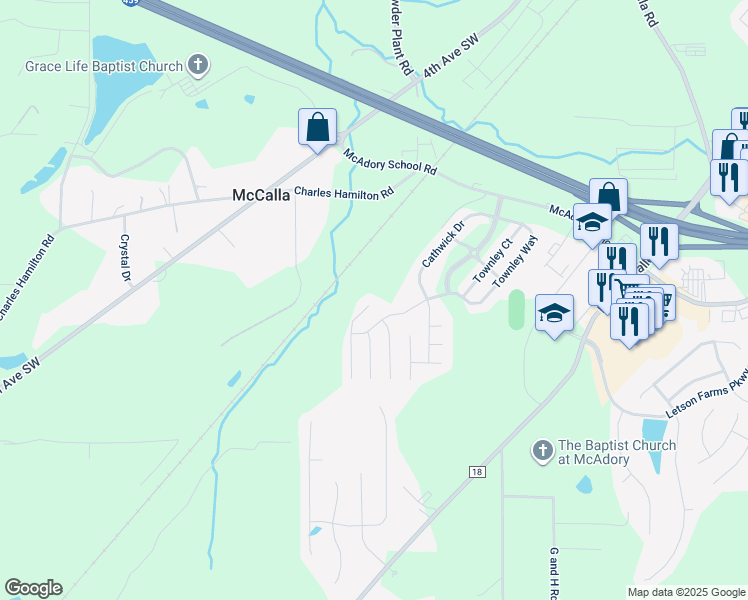 map of restaurants, bars, coffee shops, grocery stores, and more near 5800 Cathwick Way in McCalla