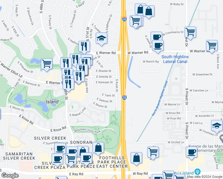 map of restaurants, bars, coffee shops, grocery stores, and more near 5121 East Nambe Street in Phoenix