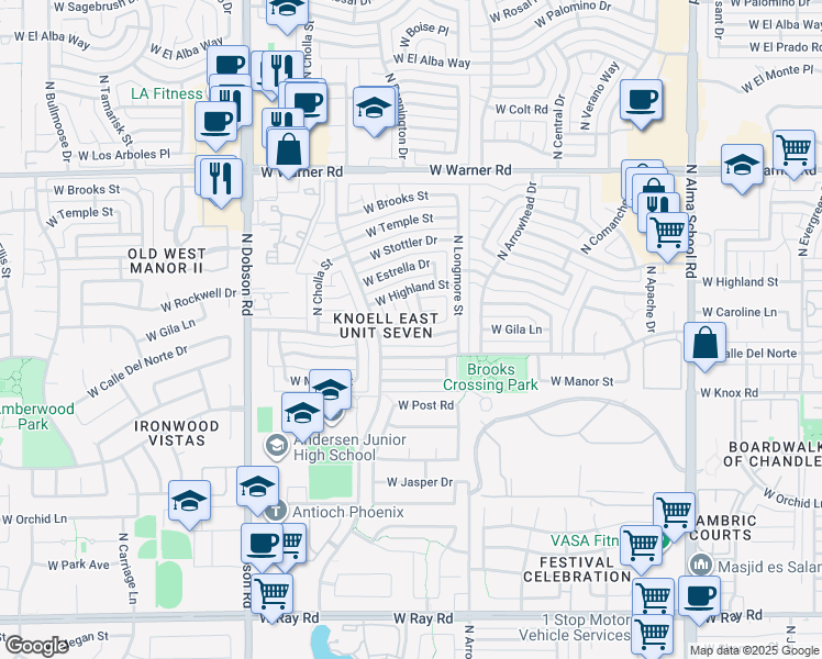 map of restaurants, bars, coffee shops, grocery stores, and more near 1704 West Gila Lane in Chandler