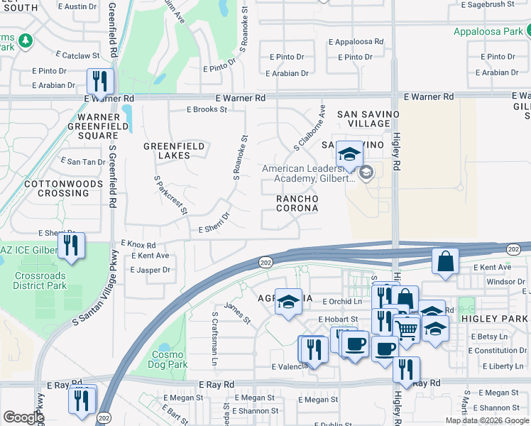map of restaurants, bars, coffee shops, grocery stores, and more near 1119 South Rockwell Street in Gilbert