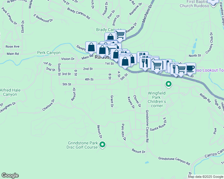 map of restaurants, bars, coffee shops, grocery stores, and more near 1208 Apache Hills Drive in Ruidoso