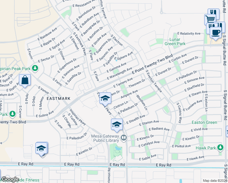 map of restaurants, bars, coffee shops, grocery stores, and more near 10058 Theorem Drive in Mesa