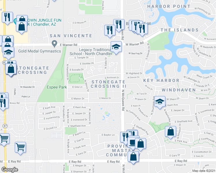 map of restaurants, bars, coffee shops, grocery stores, and more near 921 East Gila Lane in Chandler