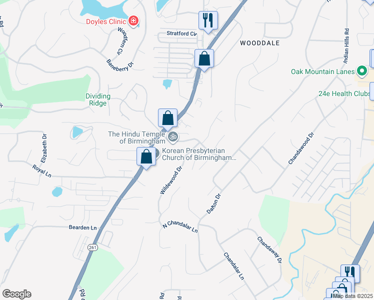 map of restaurants, bars, coffee shops, grocery stores, and more near 3425 Wildewood Drive in Pelham