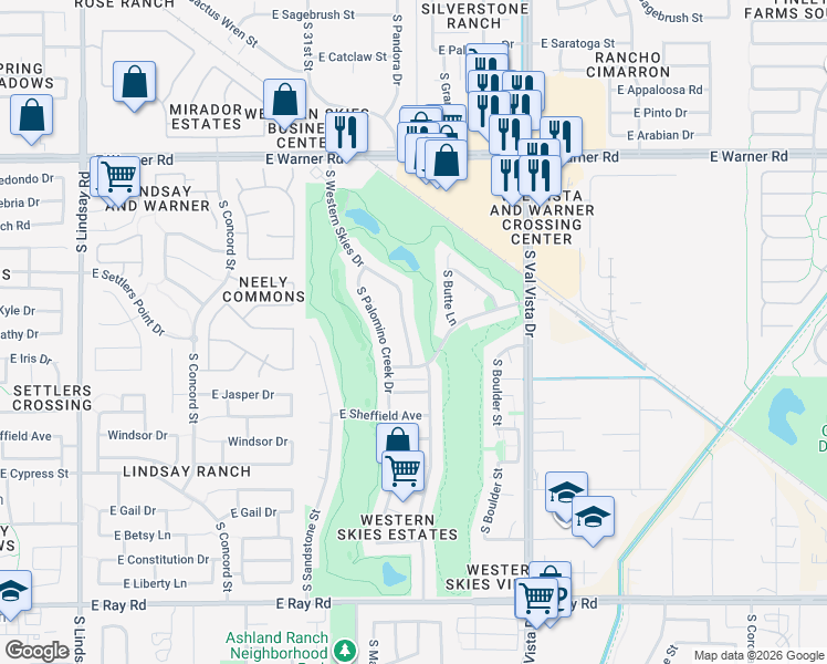 map of restaurants, bars, coffee shops, grocery stores, and more near 1121 South Western Skies Drive in Gilbert
