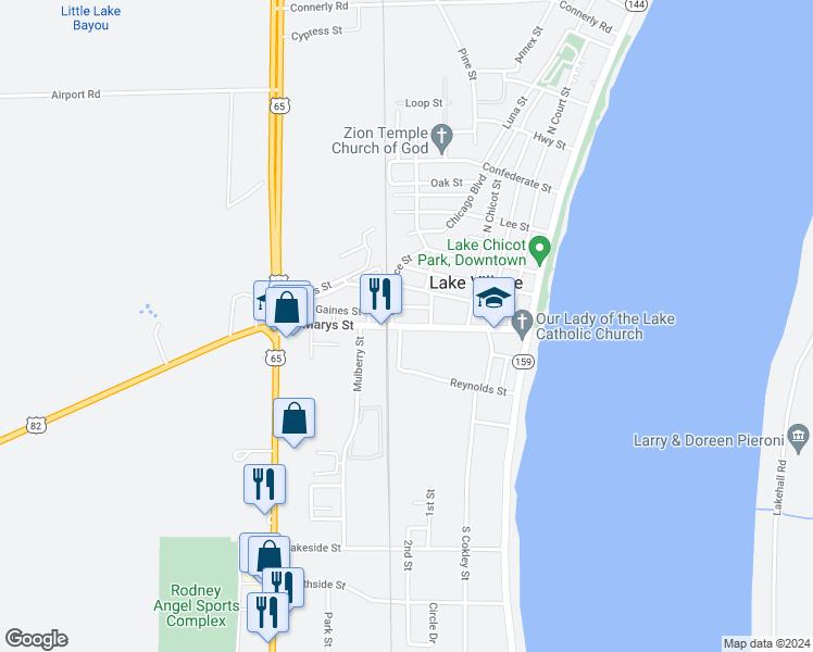 map of restaurants, bars, coffee shops, grocery stores, and more near 600 Saint Marys Street in Lake Village