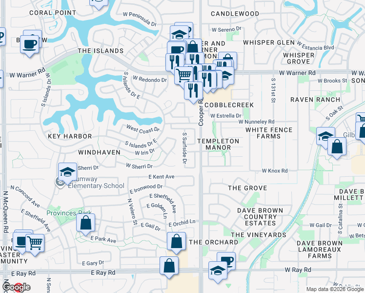 map of restaurants, bars, coffee shops, grocery stores, and more near 1038 South Surfside Drive in Gilbert