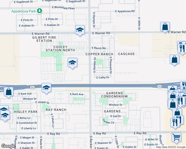 map of restaurants, bars, coffee shops, grocery stores, and more near 1134 South Olympic Drive in Gilbert