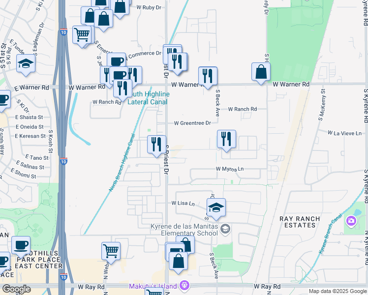 map of restaurants, bars, coffee shops, grocery stores, and more near 2132 West Caroline Lane in Tempe