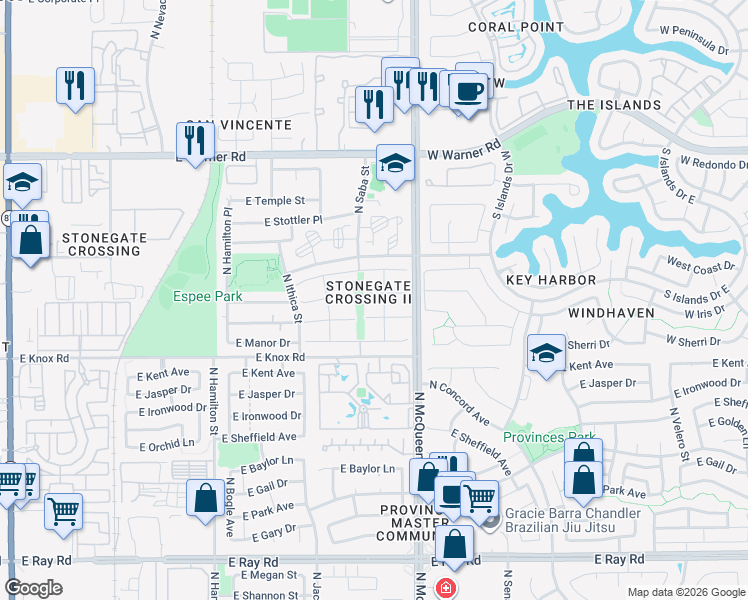 map of restaurants, bars, coffee shops, grocery stores, and more near 921 East Gila Lane in Chandler