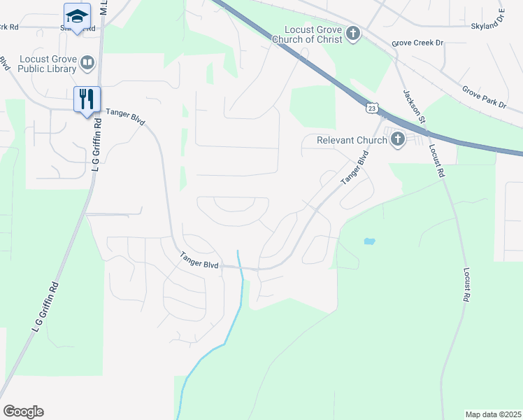 map of restaurants, bars, coffee shops, grocery stores, and more near 2144 Theberton Trail in Locust Grove