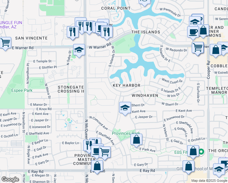 map of restaurants, bars, coffee shops, grocery stores, and more near 1426 West Iris Drive in Gilbert