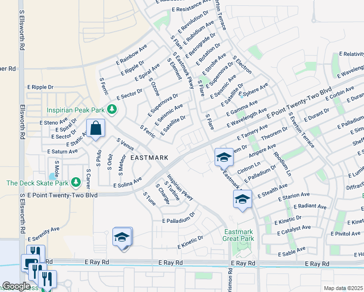 map of restaurants, bars, coffee shops, grocery stores, and more near South Eastmark Parkway in Mesa