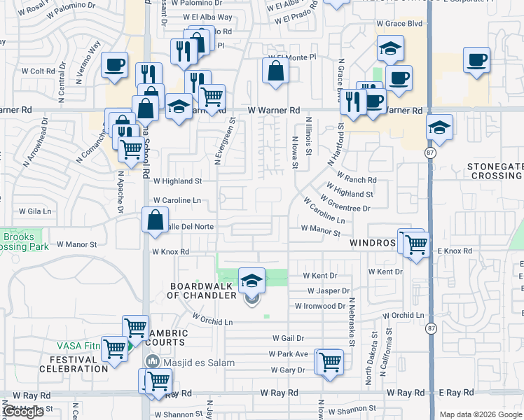 map of restaurants, bars, coffee shops, grocery stores, and more near 1561 North Sunset Place in Chandler