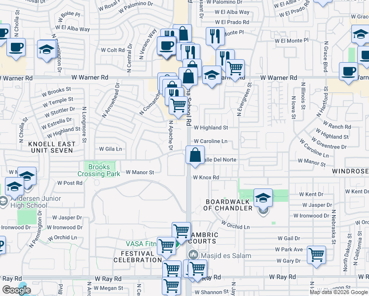 map of restaurants, bars, coffee shops, grocery stores, and more near 1601 North Chippewa Drive in Chandler