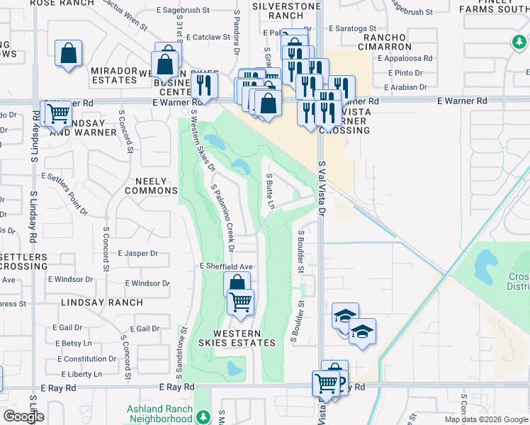 map of restaurants, bars, coffee shops, grocery stores, and more near 1448 East Black Diamond Drive in Gilbert