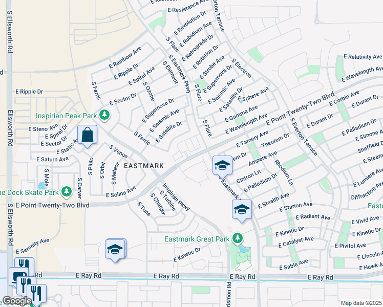 map of restaurants, bars, coffee shops, grocery stores, and more near South Eastmark Parkway in Mesa