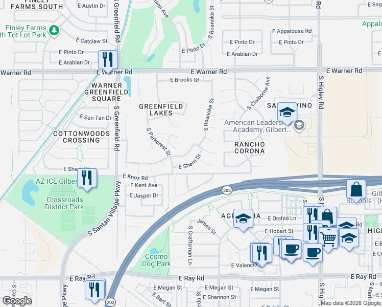 map of restaurants, bars, coffee shops, grocery stores, and more near 2705 East Calle Del Norte Drive in Gilbert