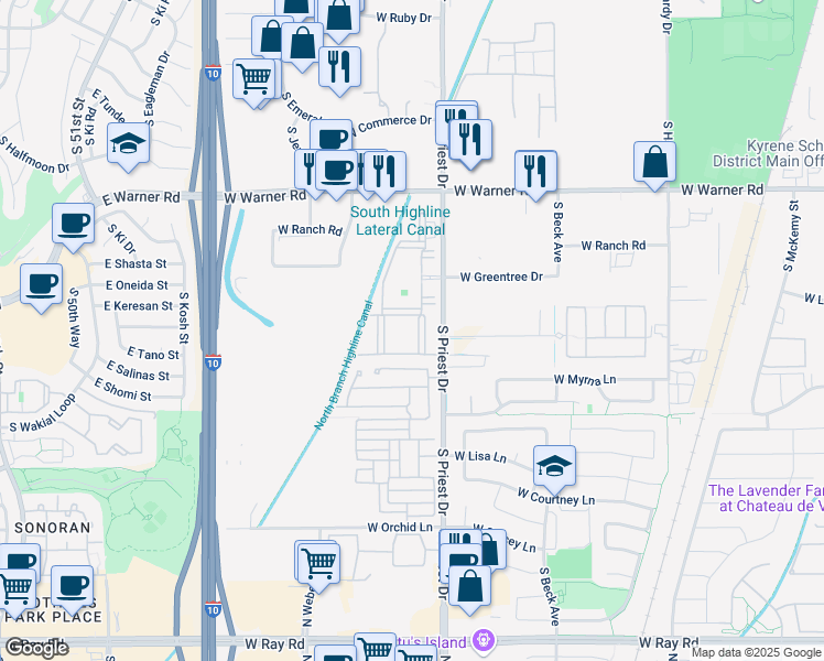map of restaurants, bars, coffee shops, grocery stores, and more near 9010 South Priest Drive in Tempe