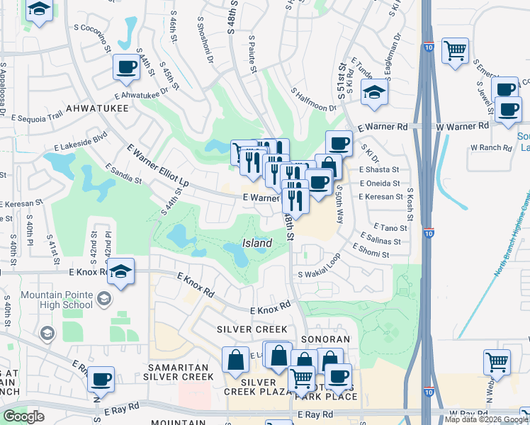 map of restaurants, bars, coffee shops, grocery stores, and more near 4727 Warner Road in Phoenix