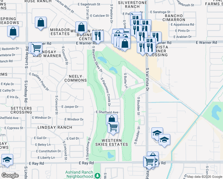 map of restaurants, bars, coffee shops, grocery stores, and more near 1110 South Western Skies Drive in Gilbert