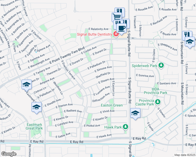 map of restaurants, bars, coffee shops, grocery stores, and more near 10535 East Sheffield Drive in Mesa