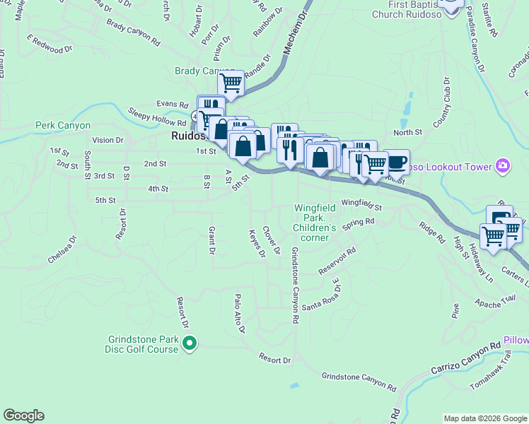map of restaurants, bars, coffee shops, grocery stores, and more near 758 Wingfield St in Ruidoso