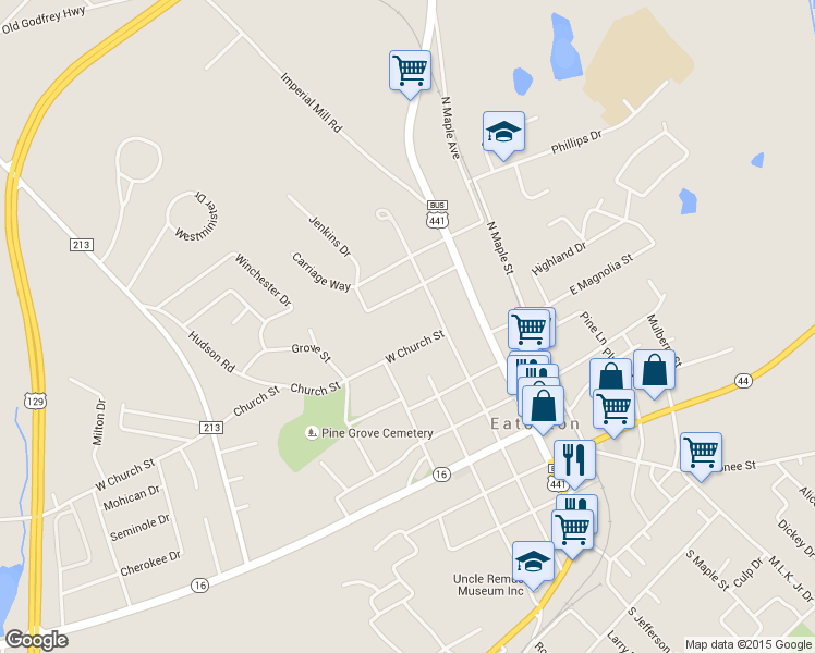 map of restaurants, bars, coffee shops, grocery stores, and more near 104 Church Street in Eatonton