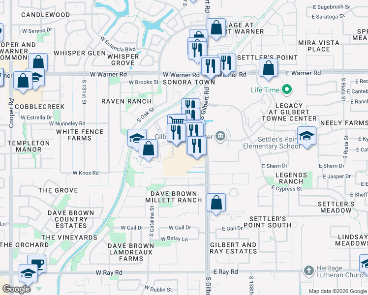 map of restaurants, bars, coffee shops, grocery stores, and more near 1120 West Gilbert Town Square Avenue in Gilbert