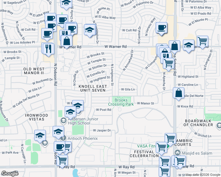 map of restaurants, bars, coffee shops, grocery stores, and more near 1626 North Longmore Street in Chandler