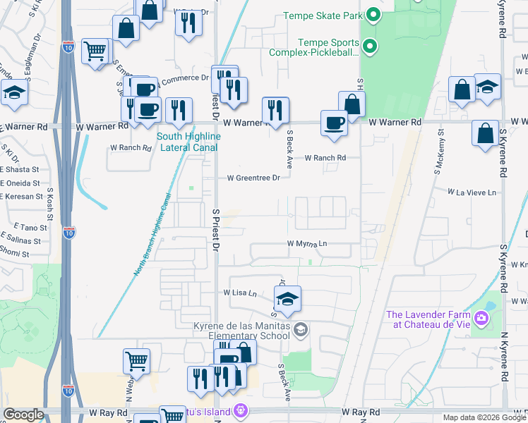 map of restaurants, bars, coffee shops, grocery stores, and more near 1280 West Caroline Lane in Tempe