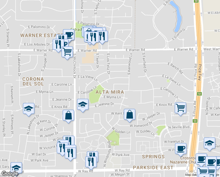 map of restaurants, bars, coffee shops, grocery stores, and more near 1910 East Caroline Lane in Tempe