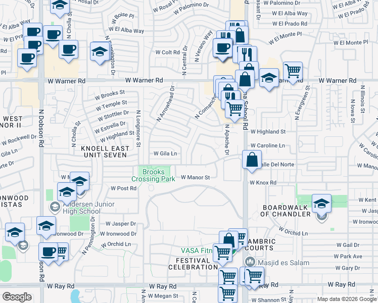 map of restaurants, bars, coffee shops, grocery stores, and more near 1626 North Comanche Drive in Chandler