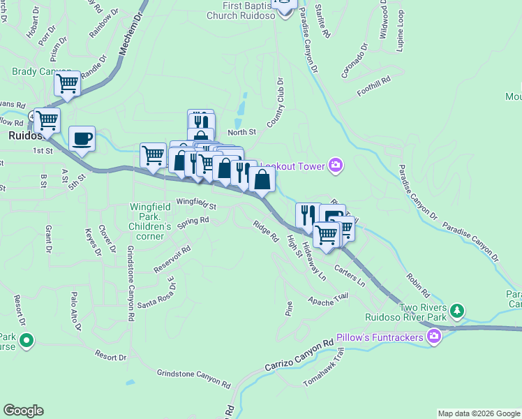 map of restaurants, bars, coffee shops, grocery stores, and more near 187-287 Wingfield St in Ruidoso