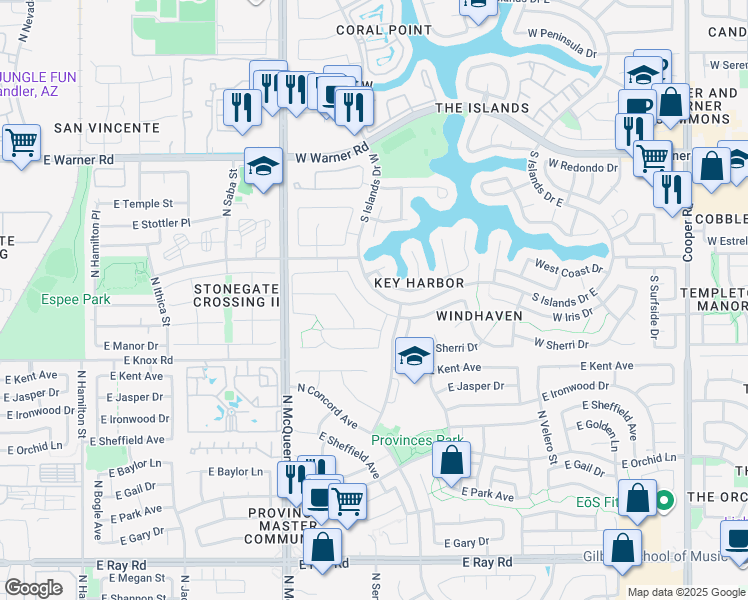 map of restaurants, bars, coffee shops, grocery stores, and more near 1426 W Iris Dr in Gilbert