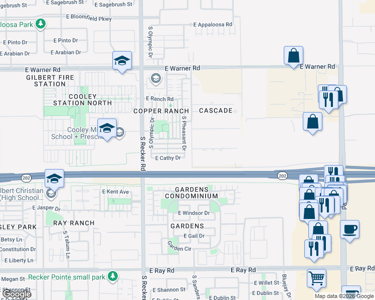 map of restaurants, bars, coffee shops, grocery stores, and more near 1125 South Pheasant Drive in Gilbert