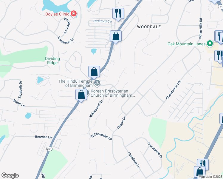 map of restaurants, bars, coffee shops, grocery stores, and more near 3406 Wildewood Drive in Pelham
