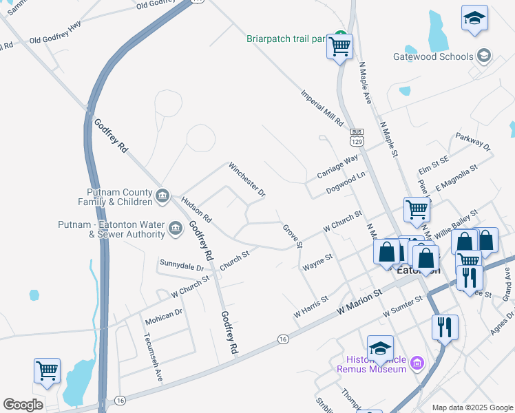 map of restaurants, bars, coffee shops, grocery stores, and more near 104 Winchester Drive in Eatonton