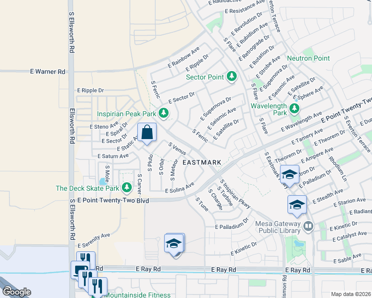 map of restaurants, bars, coffee shops, grocery stores, and more near 4721 South Venus in Mesa