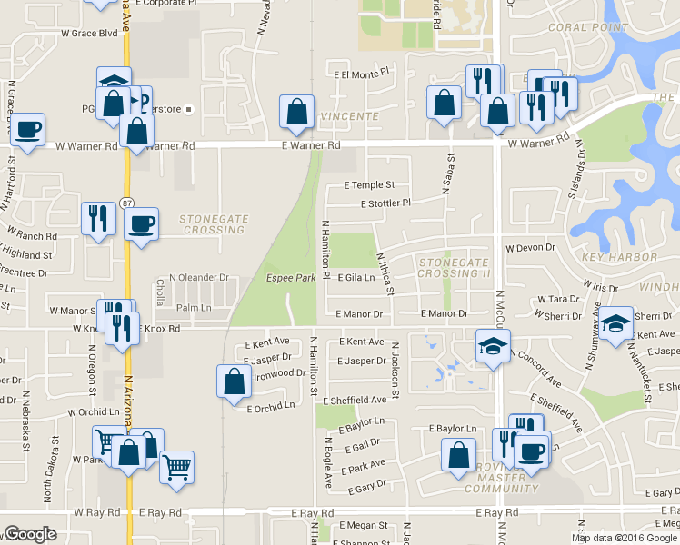 map of restaurants, bars, coffee shops, grocery stores, and more near 650 East Gila Lane in Chandler