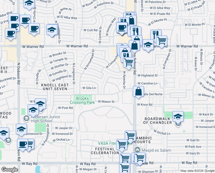 map of restaurants, bars, coffee shops, grocery stores, and more near in Chandler